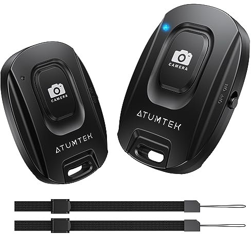 ATUMTEK Disparador Remoto Bluetooth 5.2 para iPhone y Smartphones Android (Pack de 2) – Control Remoto Inalámbrico para Fotos y Vídeos, Incluye Correa de Muñeca, Compacto y Portátil, Negro