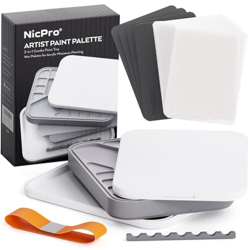 Nicpro Set Paleta Pintura acrilica, con paletas, 100 Papel de Paleta humeda, 4 esponjas, Soporte para Pinceles, Paleta de Ahorro de Pintura para miniaturas de