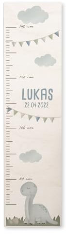 Personalisierte Messlatte für Kinder mit buntem Wunschdruck - 70-140 cm - Größenmesser Kinderzimmer aus Holz - Wand Dekoration Messleiste Kind - Personalisiertes Geschenk Baby (Grauer Dino)