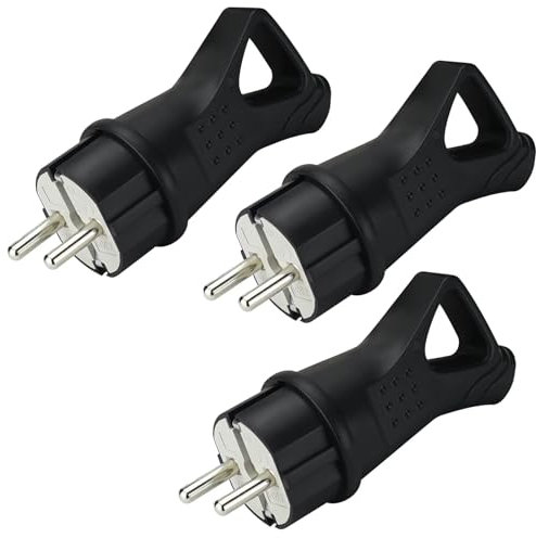 Schuko Stecker, Stecker 230V, Stromstecker Wasserdicht, SchutzkontaktStecker Außenbereich, IP44, Bruchfest, Schwarz - 3 Stücke