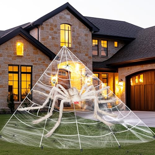 Timiyou Halloween Decoracion Exterior, Halloween Telaraña Gigante y 1 Pieza 1.5M Grande Araña con 10 Mini Arañas, Set de Decoracióntela Araña Halloween, Decoración Halloween Jardín Terror (Blanco)