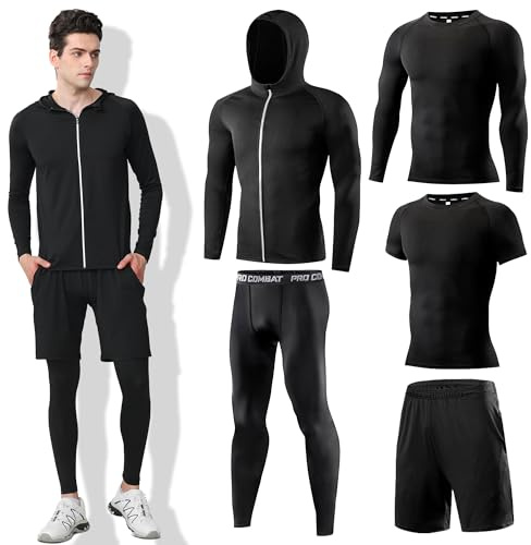 DMVOD Uomo 5 Pezzi Set di Compressione ad Asciugatura Rapida Top Accessori Abbigliamento Attrezzatura per Allenamento Palestra Atletica Corsa Sport Black-XL