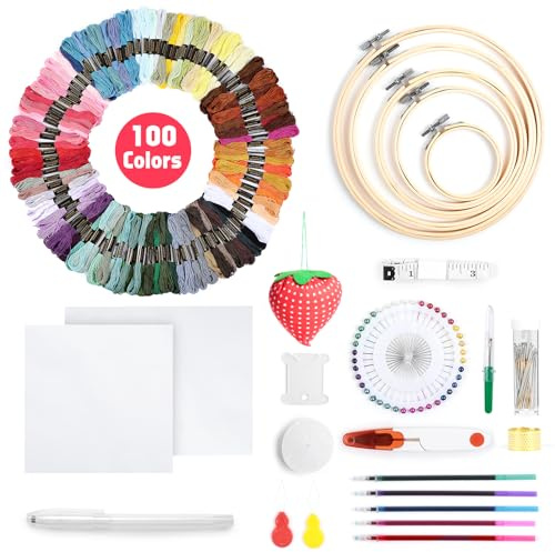 Romon Filo da Ricamo, Kit da Ricamare Braccialetti Kit Punto Croce con 5 Cerchi In Bambù, 100 Fili Colorati, 3 Pezzi di Tela Aida e Strumenti per il Cucito