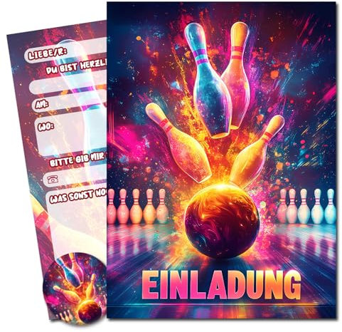 Vielucks® 15 x Filmgenre Einladungskarten - DIN A6 - Original - mit Aufkleber,Einladungskarten Kindergeburtstag Mädchen Junge,Geburtstagseinladungen,Party deko,Einladung Einschulung (Bowling)