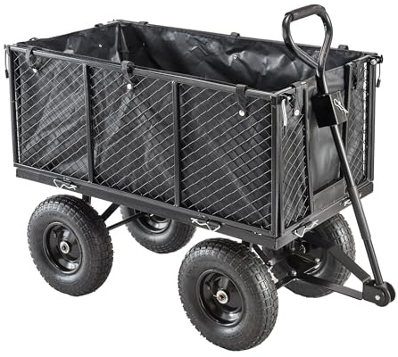 Garden TRAILER Deluxe High Sided Cart Pull Along Trolley 500kg Heavy Duty Black Utility Gardeners Wagon with Liner, Folding Sides, XL Pneumatic Tyres, Outdoor Cart for Gardening, Festivals, Camping