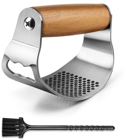 GlasFlength Presse Ail Inox Professionnel, Ecrase Ail avec Petite Brosse Manche en Bois Massif Garlic Press Nettoyage Facile Coupe Hachoir, Silver And Brown