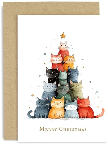 Cat Christmas Tree Illustration Greeting Card - Unique Christmas Cards for Him or Her - Playful Xmas Card design foir Friends and Family - Happy holidays