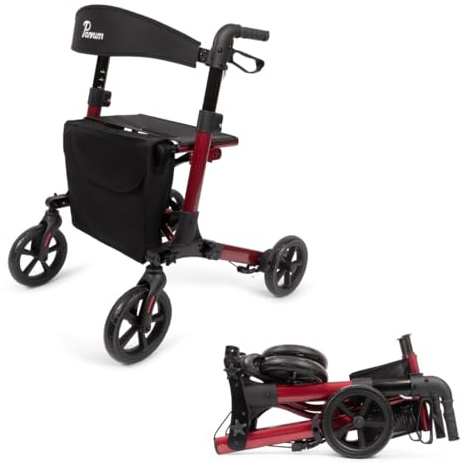 Parvum Brava Rollator – Leicht, stabil & 3-fach faltbar – Mit integriertem Bremssystem, Sitz, Rückenlehne, Tasche, Stockhalter & semi-soft Rädern – nur 6,8 kg – Gehhilfe für Senioren - Rubinrot