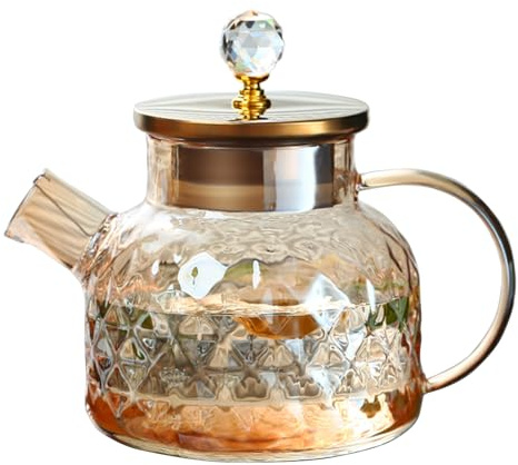 Teiera in Vetro con Coperchio Teiera Vetro Borosilicato con Filtro in Acciaio Inox Coil,Resistente al Calore Compatibile con Fornelli,Caraffa per Tè,Tè in Fiore,Succhi,Caffè,Latte (1000ML)
