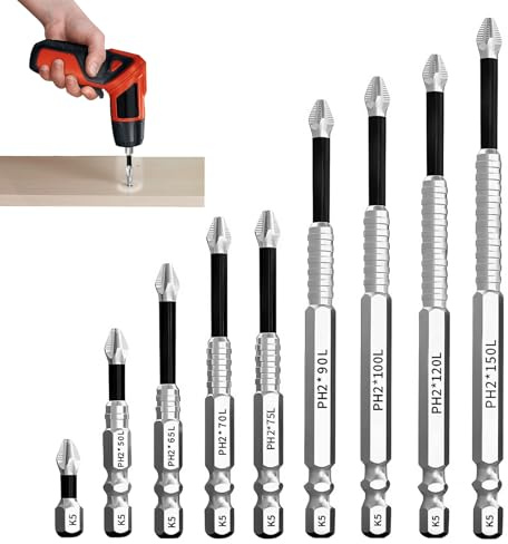 9PCS High Magnetic Screwdriver Drill Bit Set Anti-Slip Magnetic Impact Electric Drills Bits Kit Strong Durability Screw Drilling Bits Precision Driver Sets Contain 25 50 65 70 75 90 100 120 150mm