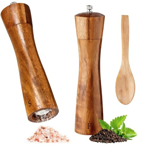 Juego de 2 molinillos de sal y pimienta de madera, molinillo de sal y pimienta para sal gruesa con mecanismo de cerámica, molinillo de especias, sal y pimienta, utensilios de cocina, idea de regalo