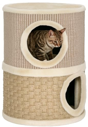 PawHut Kratztonne für Katzen 49 cm Hoch Ø 35,5 cm Katzentonne mit 2 Etagen Sisalseil, Plüsch Katzenhöhle, Kratzbaum für große Katzen, Khaki+Kaffee