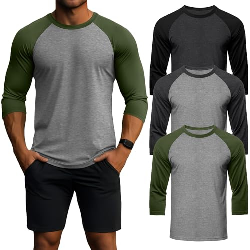 Geyoga Lot De 3 T-Shirts pour Homme À Manches 3/4, Col Rond, Style Baseball, Respirants Et Sportifs