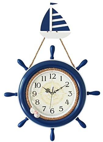 LNNSHX Orologio da Parete Decorativo Silenzioso Orologio da Parete Creativo in Stile mediterraneo Decorazione del Volante del timone della Nave Orologio da Parete in Legno da Appendere al Muro Facile