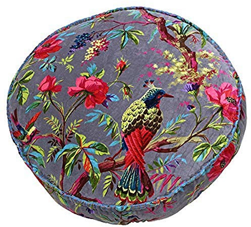 Paoletti Funda de cojín Redonda Riva Paradise, Color Morado visón, Estampado de pájaros Coloridos, Tela de Terciopelo sintético, Bordes cosidos en Manta, 100% algodón, 50 x 50 x 12 cm, diseñada en el