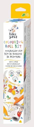 Haku Yoka 6303067 Set med vaxkritor, dinosauriemålningsrulle, 12 färgglada vaxkritor med självhäftande målningsmall, för barn från 3 år