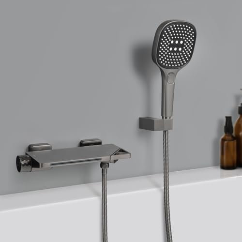PHASAT Badewannenarmatur Wasserfall mit Handbrause Wasserhahn Badewanne Wandmontage Badarmatur Mischbatterie Messing Gunmetal Grau PTBG10E