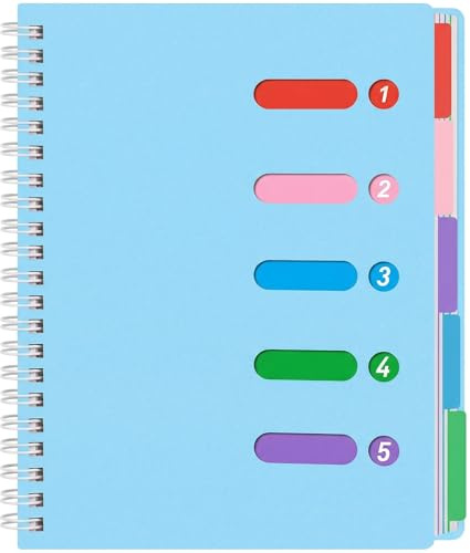 Koogel Notizbuch, liniert, Spiralbindung, A4, blaues Tagebuch, Notizbuch mit Trennblättern, wasserdichter Einband, Notizbuch, 5 Fächer, für Schule, Notizen, Büro, 28 x 21 cm