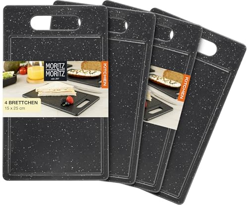 Moritz & Moritz 4X Small Plastic Chopping Boards with Juice Groove in Black Granite Look - 25x15 cm - Chopping Boards BPA Free - Breakfast Board - Chopping Board Set Hygienic and Dishwasher Safe