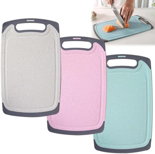 3 Stk Schneidebrett Set, Schneidebrett Rutschfest Spülmaschinenfest, Küchenbrett Cutting Board Camping Schneidebrett Kunststoff, Antibakteriell Chopping Board mit Aufhängeloch Wiederverwendbar