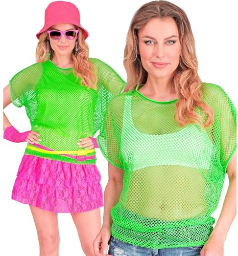 W WIDMANN MILANO Party Fashion - Haut en résille pour femmes, t-shirt en résille, fluo pour festivals et carnaval