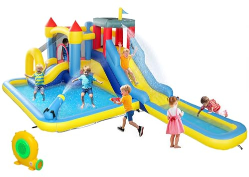 Qaba Inflatable Water Slide, Kids Bounce House Park 6 in 1 with 550W Blower, Splash Pools, 2 Slides, Trampoline, Climbing Wall, Cannon, Basketball Hoop, for Backyard, Party