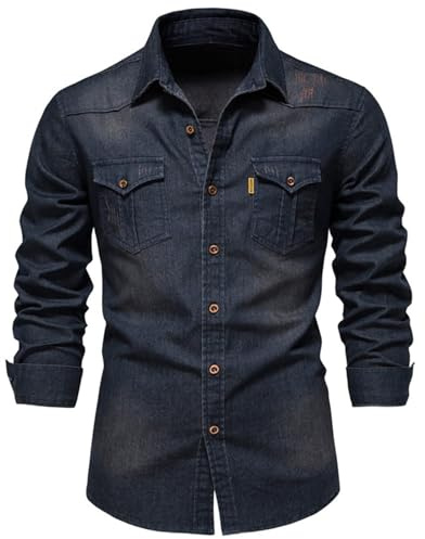 Generico Camicia in Jeans Uomo, Camicia Denim Uomo, Camicia Casual con Bottoni a Maniche Lunghe Camicie Denim Slim Fit Taglie Forti Militare Oversize Camicia Uomo Regular Fit Giacca Jeans Uomo