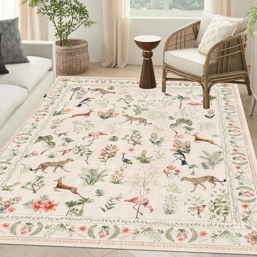 Waschbarer Teppich, 150 x 200 cm, Beige, großer Wohnzimmerteppich, Tier, Botanik, Blumenmuster, rutschfest, weich, Boho, Gepard, Flamingo, Hirsch, bunt, orientalisch, Vintage, Schlafzimmer, Esszimmer