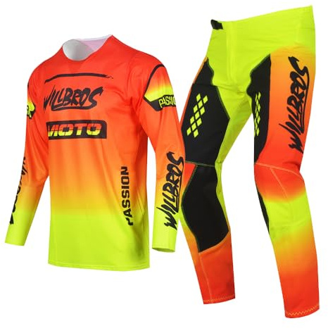 Willbros Giovani Completo Maglia e Pantaloni da Motocross e Enduro MX MTB Moto Fuoristrada Corse Bambini Ragazzo Arancione Giallo YL