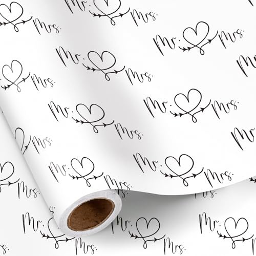 RUSPEPA Rotolo Di Carta Da Regalo Per Matrimonio, Motivo Mr. & Mrs. In Bianco E Nero Con Motivo A Cuore E Freccia, Carta Regalo Romantica Per Matrimonio, Fidanzamento, Anniversario, 43,2 Cm X 5 M