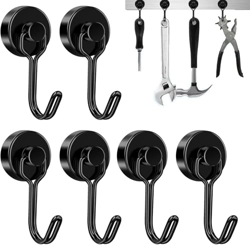 Kisstta 6 ganci magnetici extra forti, 25 mm, magneti al neodimio, extra forti, per 15 kg, girevoli, colore nero, per appendere gadget, per soffitto, cucina, ufficio, barbecue, garage