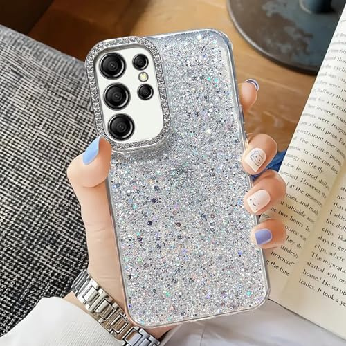 BEENTRYS glitter fodral för Samsung Galaxy S25 Ultra telefonfodral,luxe bling kristall diamanter mobilskal elegan Kvinnor Flickor mjuk TPU smal stötfångare Stötsäkert skyddsfodral-Silver