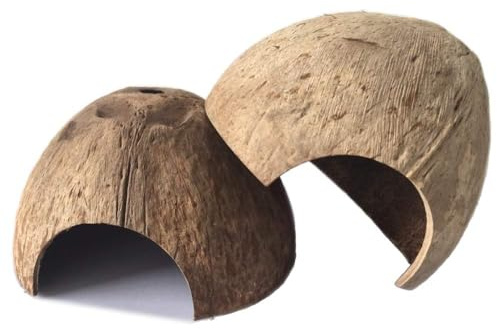Kathson Cachette naturelle en noix de coco pour reptile, lézard, cabane de coco, ermite, crabe, poissons, cachette pour petits reptiles, gecko, araignée, araignée, escargots (2 pièces surface