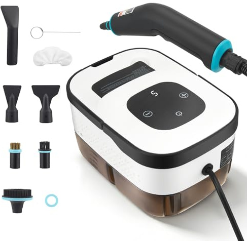 Pulitore a vapore portatile da 2500 W, 4,5 bar, serbatoio da 1250 ml, tempo di riscaldamento 15S, 9 accessori, tubo da 2 m, pulitore a vapore portatile per cucina (campo in ceramica), auto, pavimento