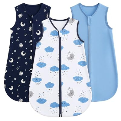 WYTbaby Saco de dormir para bebé 0.5 TOG, pack de 3, 100% algodón, saco cálido para todo el año, Estrella azul marino, 0-6 meses