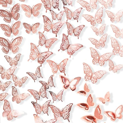 72 PCS 3D Butterfly Wall Stickers, 3D Butterflies for Home Decor, Pink Wall Stickers for Bedroom and Party Decorations, with 72 Pieces Rose Gold Butterflies