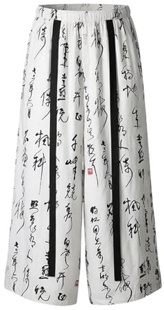 Generisch Pantaloni da uomo per il tempo libero con motivo calligrafico giapponese, pantaloni larghi in lino in stile Hakama, pantaloni estivi traspiranti per un look artistico, Stile_k01 beige, 4XL