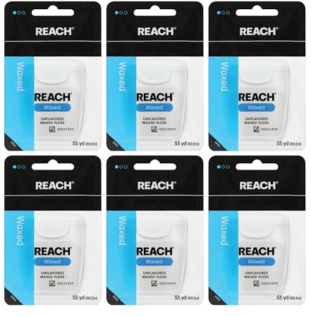 REACH Waxed Dental Floss, Unflavored, Plaque Remover for Teeth, Shred Resistant, Floss Slides Smoothly, Easy to Use, Waxed, Deep Cleaning Teeth, Oral Care, PFAS Free, for Adults & Kids, 6 Pack, 55 yd