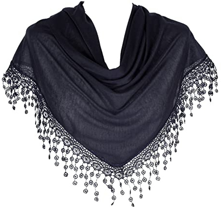 Hat To Socks Women’s Triangle Scarf - Elegant Shawl with Bobbin Lace Fringe (Navy)