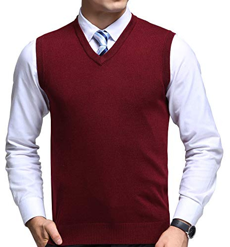 FULIER Mens Winter V-Neck Sleeveless Vest Classic Business Gentleman Knitwear Knitted Waistcoat Sweater Cardigans Tank Tops (Medium, Red)