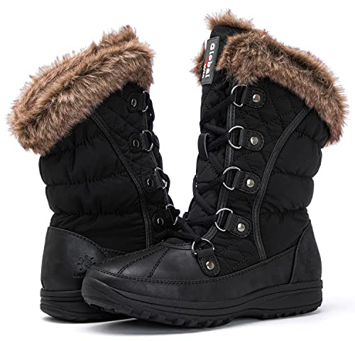 GLOBALWIN Women's Snow Boots Waterproof Mid-Calf Winter Boots For Women With Warm Fleece Lining, Stylish Black Fur Boots For Women With Non-Slip Sole And Quilted Comfortable Boots Size 8.5M