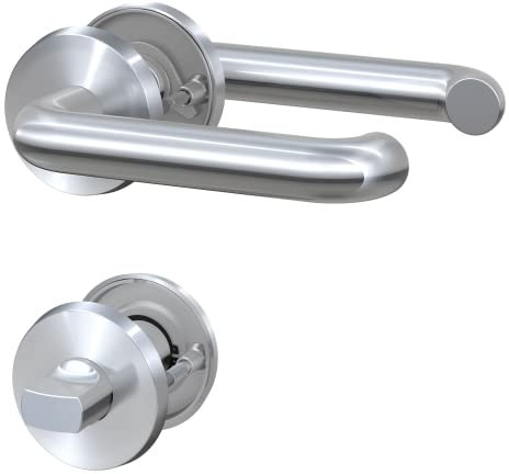 BASI | Zimmertürbeschlag aus Edelstahl | U-Form | Türgriffe beidseitig | Drückergarnitur mit Rosetten | Rosettengarnitur | Türklinke | WC-Schloss mit Drehknauf