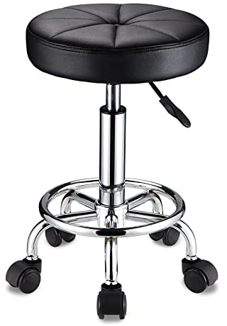 HMTOT Swivel Stool with Wheels Round Rolling Stools PU Leather Height Adjustable Black
