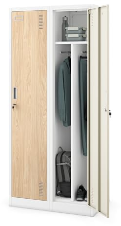 Taquilla Doble Armario Vestuario 2B1A Metalico Puertas con bisagras Ranuras de ventilación Pintura en Polvo Pared divisoria 180 cm x 80 cm x 50 cm (Aspecto de madera blanca)