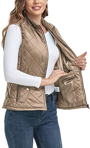 LONGKING 2024 Upgraded, Women's Outwear Vest With One Inner Pocket - Stand Collar Lightweight Zip Quilted Vest for Women…, Khaki, M