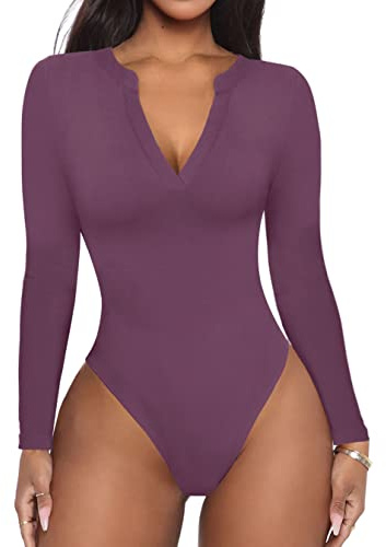 REORIA femmes décontracté col en v Sexy serré à manches longues travail T-shirt minceur côtelé string body haut violet grand T-shirt
