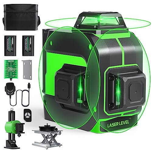 Laser Level Self Leveling 3 x 360°, 3D 12 Lines Green Laser Level for Construction and Picture Hanging, 2x4000mAh Rechargeable Batteries with Type-C Charging Port, Remote Controller