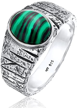 Kuzzoi 0607171522 - Anello da uomo con sigillo ovale, in argento Sterling 925 massiccio, larghezza: 10 mm, con pietra di malachite, anello strutturato nero ossidato, misura: 60-66, 60, Argento