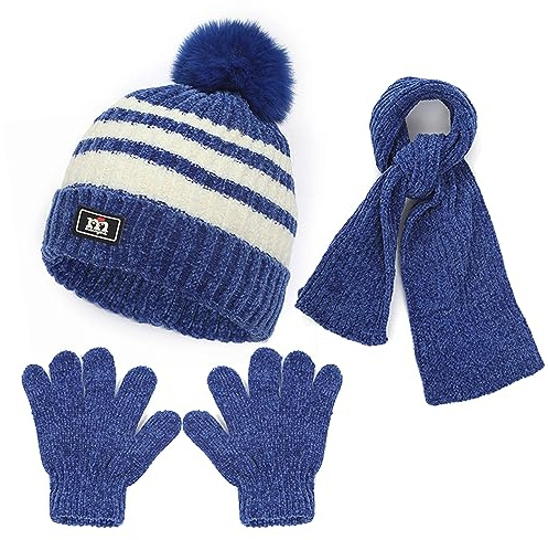 Baynetin 3Pcs Kids Winter Beanie Hat Scarf Gloves Set for 2-8 Years Old Boys Girls. Winter Accessories Sets for Children Outdoor Sports, Knit Thick Warm Fleece Lined Thermal Sets (Blue)