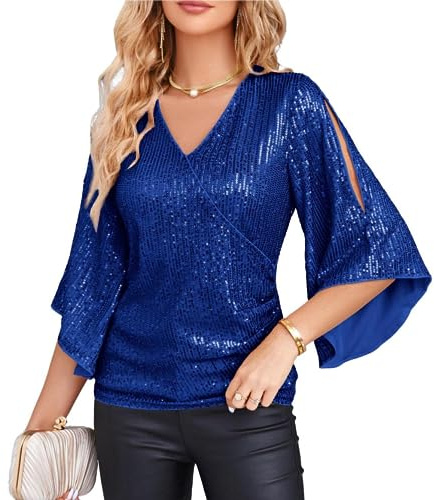 GRACE KARIN - Blusa da donna con maniche a 3/4, scollo a V, paillettes, adatta per cocktail party e feste | Camicette avvolgenti da sera per uscire clubwear camicia con paillettes taglie forti glitter scintillante top per le donne